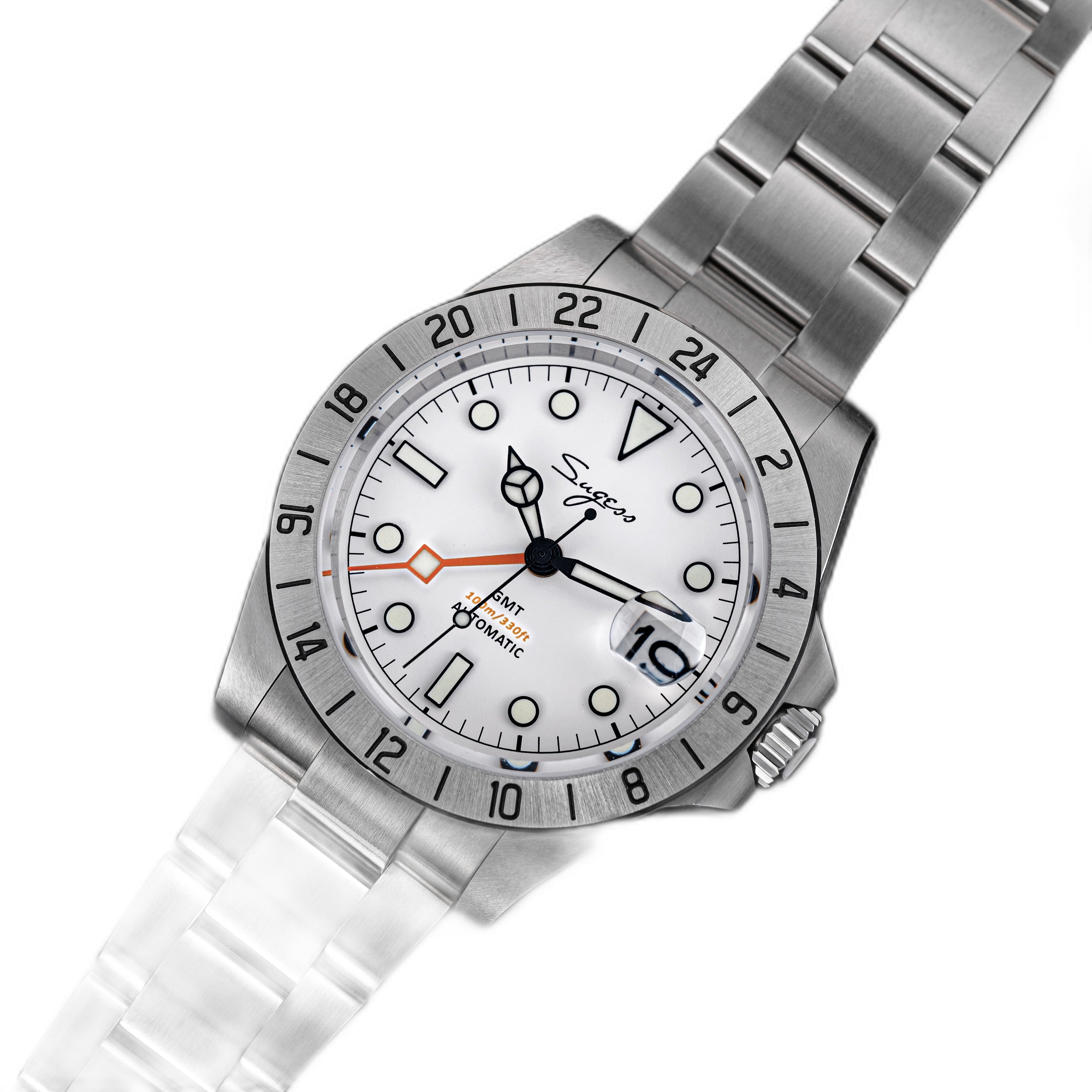 Sugess S463 white-dial GMT automatic watch, steel bracelet, tilted three-quarter view showing case profile