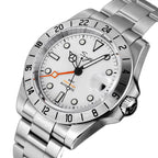 Sugess S463 white-dial GMT automatic watch, steel bracelet, dynamic three-quarter angle on white