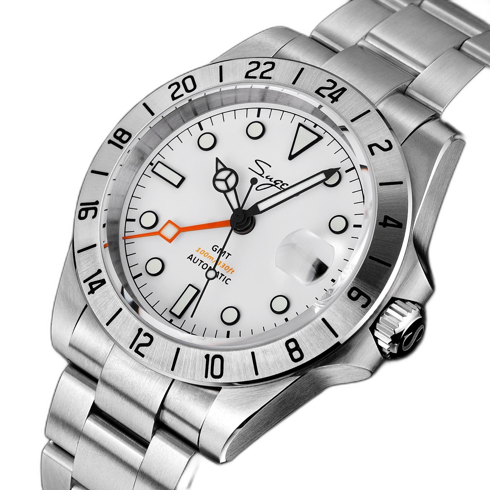 Sugess S463 white-dial GMT automatic watch, steel bracelet, dynamic three-quarter angle on white
