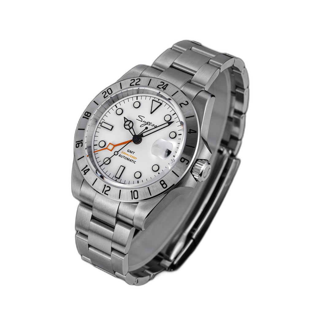 Sugess S463 white-dial GMT automatic watch, steel bracelet, three-quarter view from above on white