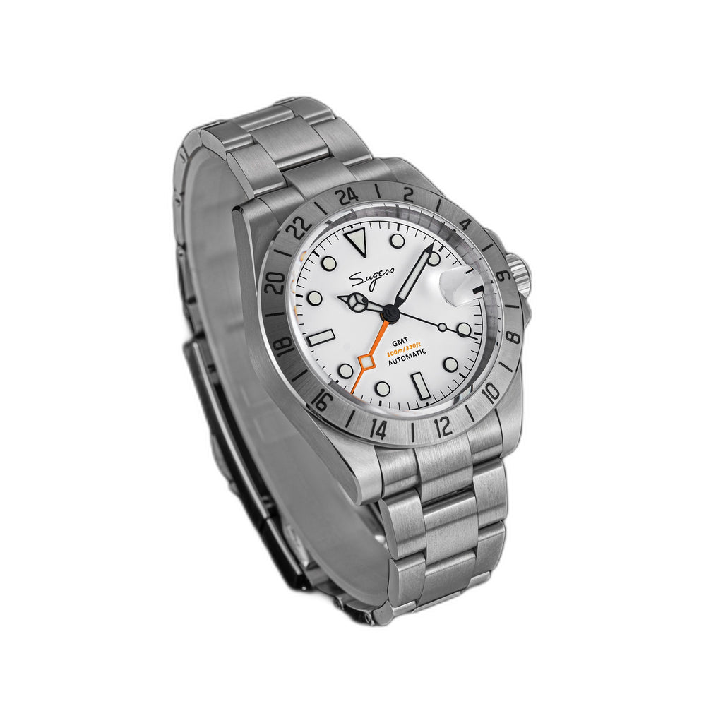 Sugess S463 white-dial GMT automatic watch, steel bracelet, angled studio view, orange GMT hand visible