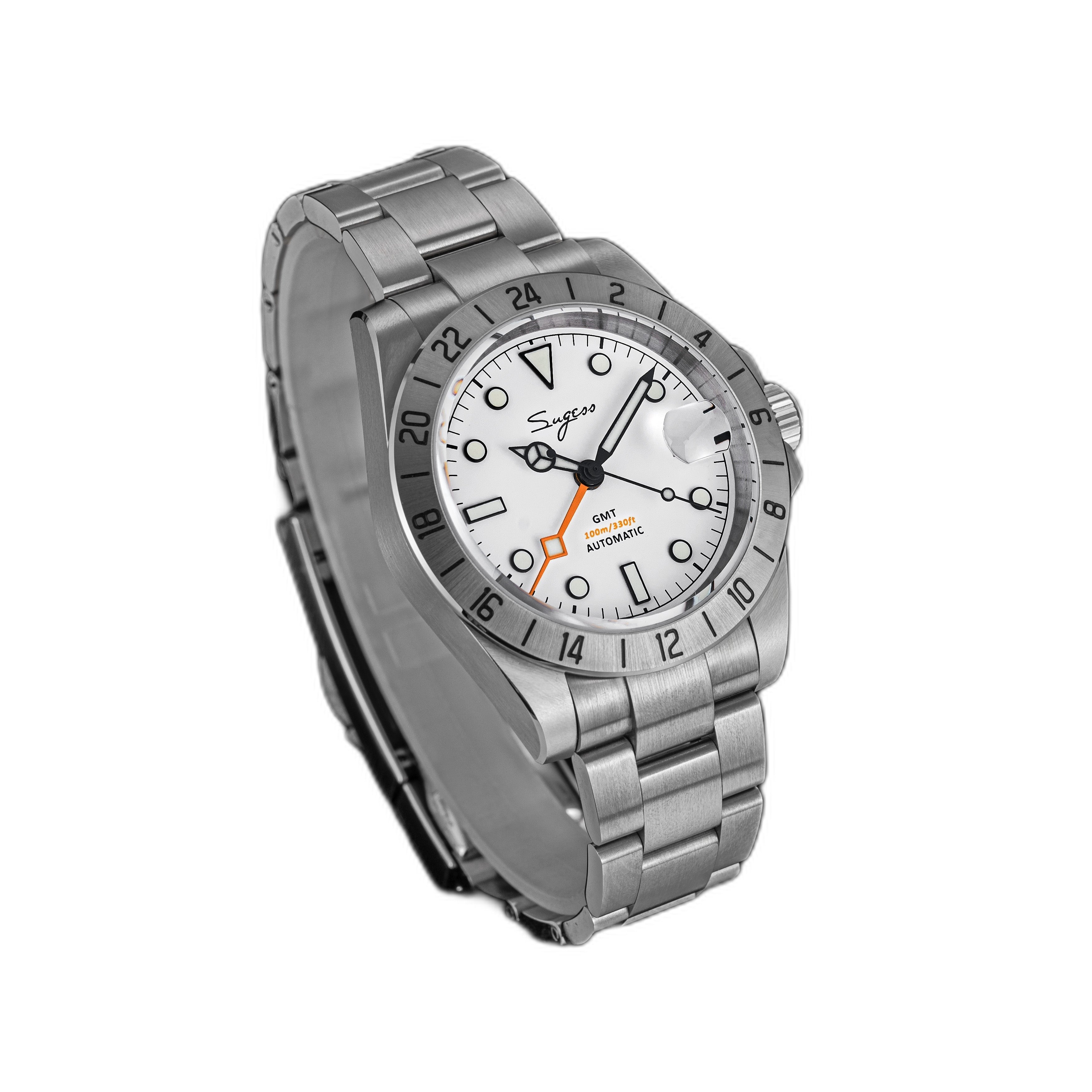 Sugess S463 white-dial GMT automatic watch, steel bracelet, angled studio view, orange GMT hand visible