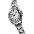 Sugess S463 white-dial GMT automatic watch, steel bracelet, three-quarter front angle, crown at right