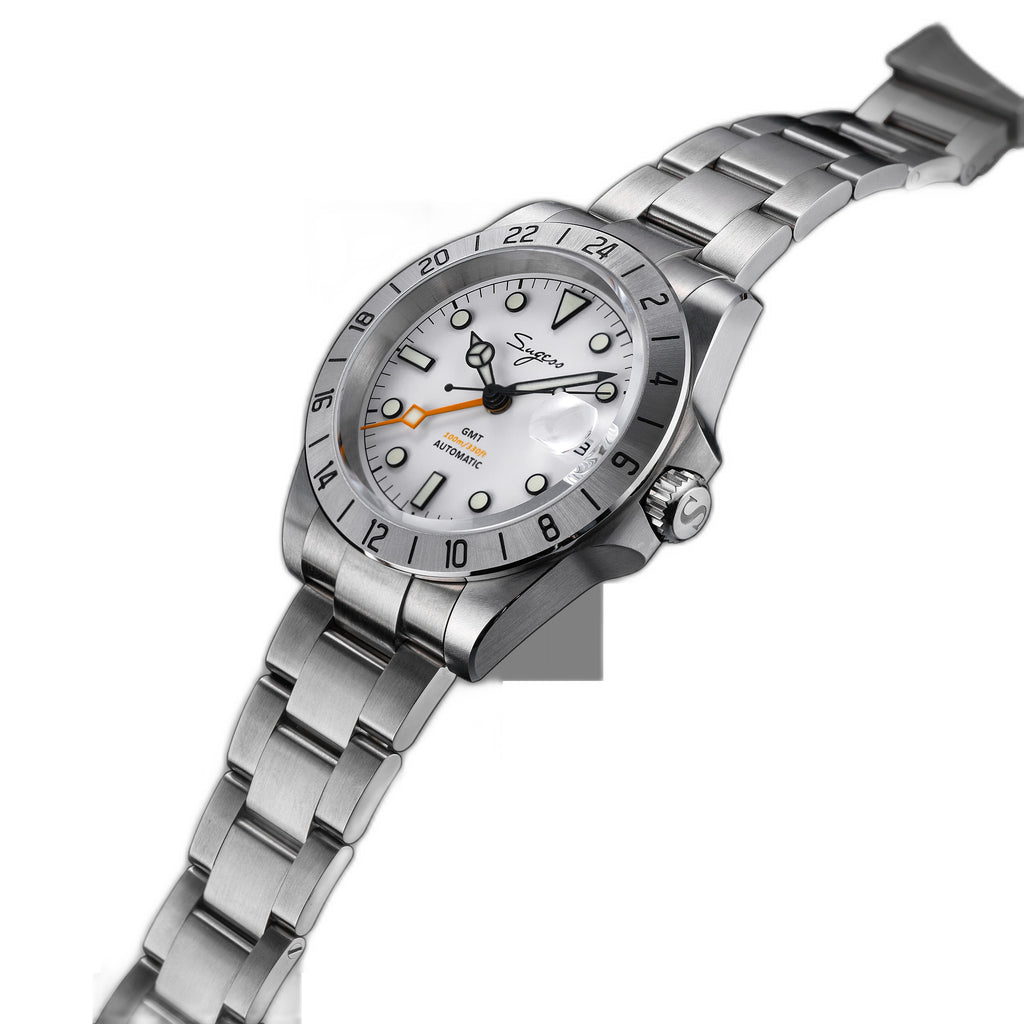 Sugess S463 white-dial GMT automatic watch, steel bracelet, low three-quarter angle showing the domed crystal