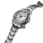 Sugess S463 white-dial GMT automatic watch, steel bracelet, low three-quarter angle showing the domed crystal
