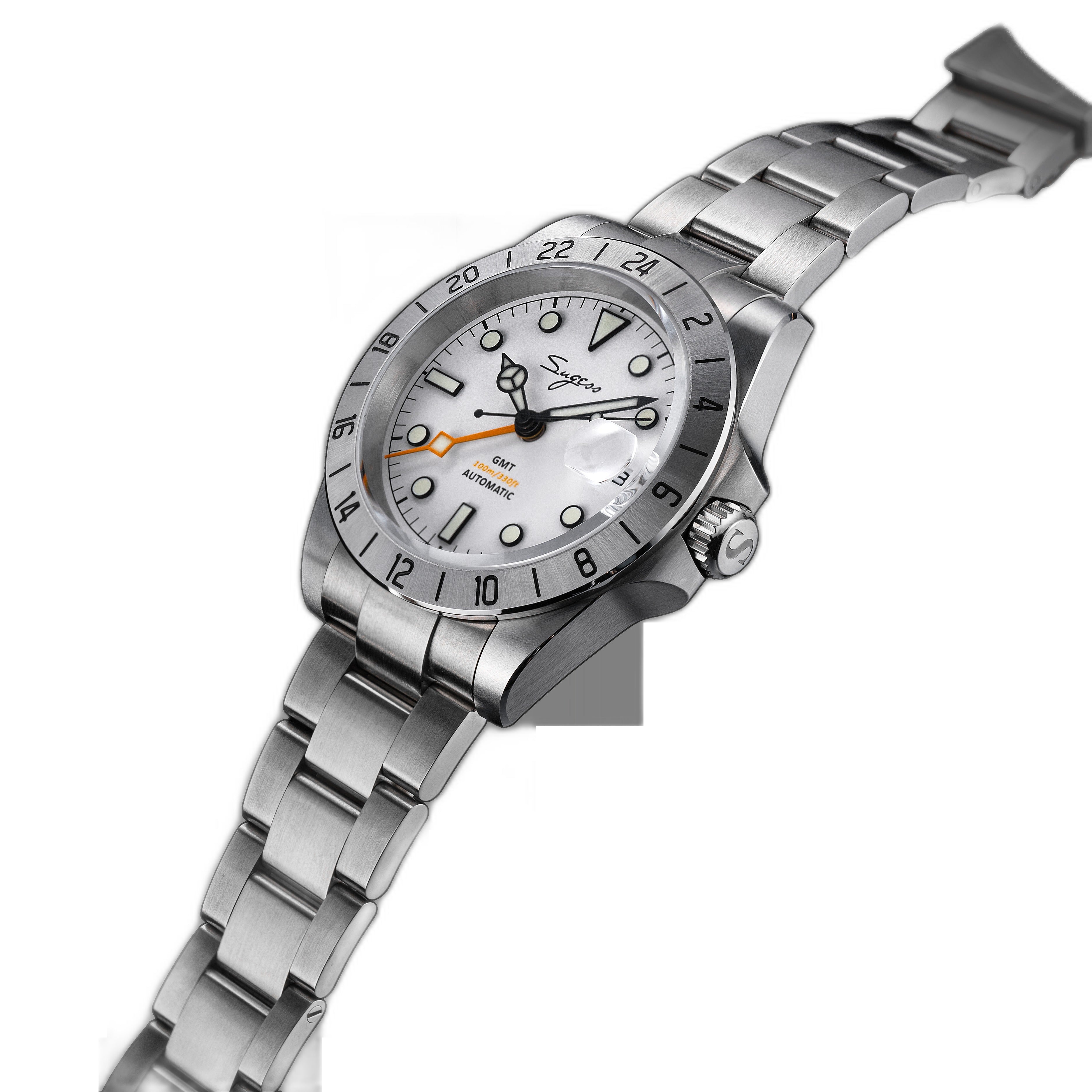 Sugess S463 white-dial GMT automatic watch, steel bracelet, low three-quarter angle showing the domed crystal
