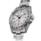 Sugess S463 white-dial GMT automatic watch, steel bracelet, three-quarter angled studio view, crown at right