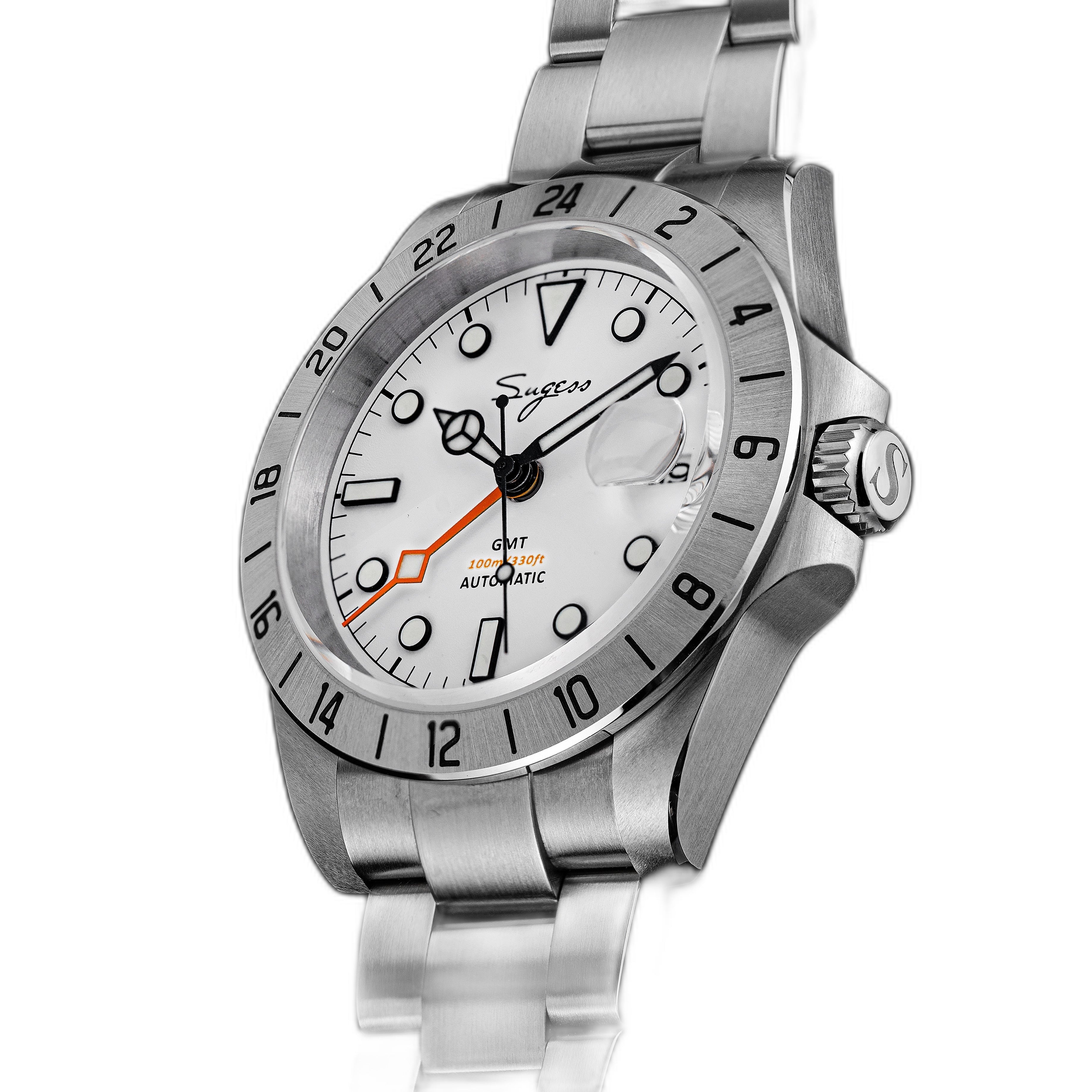 Sugess S463 white-dial GMT automatic watch, steel bracelet, three-quarter angled studio view, crown at right