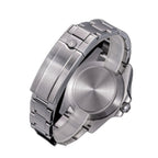 Sugess S463 three-quarter view of the solid steel caseback, S clasp and oyster bracelet on white