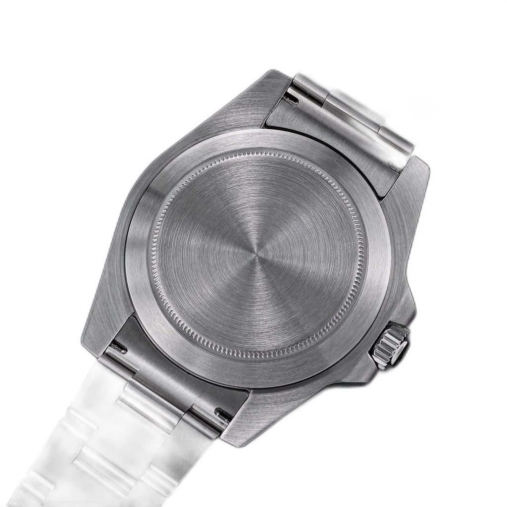Sugess S463 angled view of the brushed steel caseback and S crown, steel oyster bracelet, white background