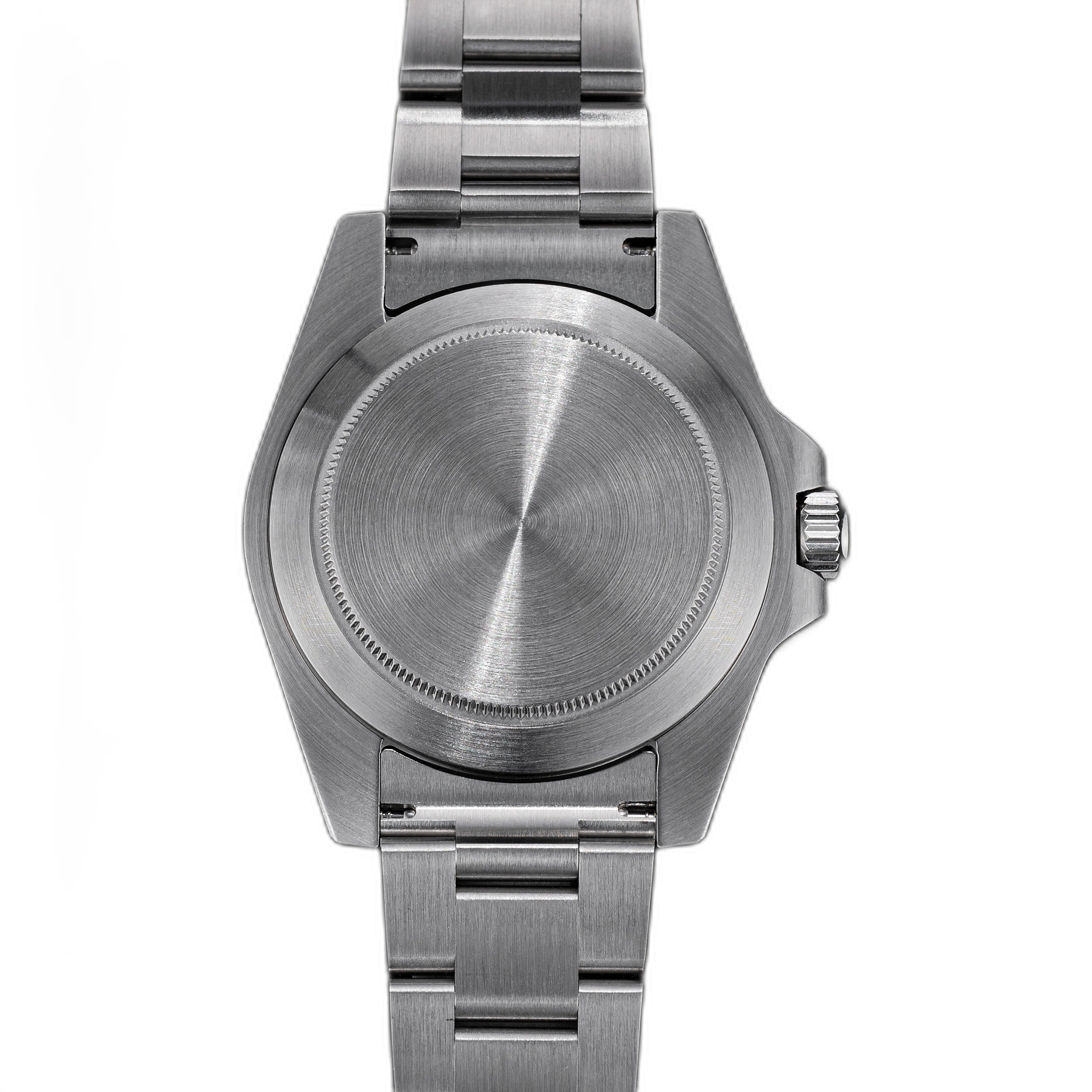 Sugess S463 solid brushed steel caseback and S-engraved clasp on the steel oyster bracelet, white background