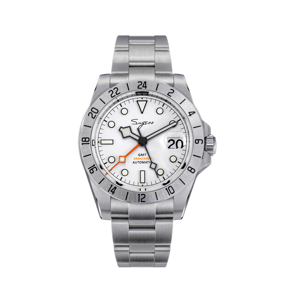 Sugess S463 white-dial GMT automatic watch on steel oyster bracelet, front studio view, date window at 3