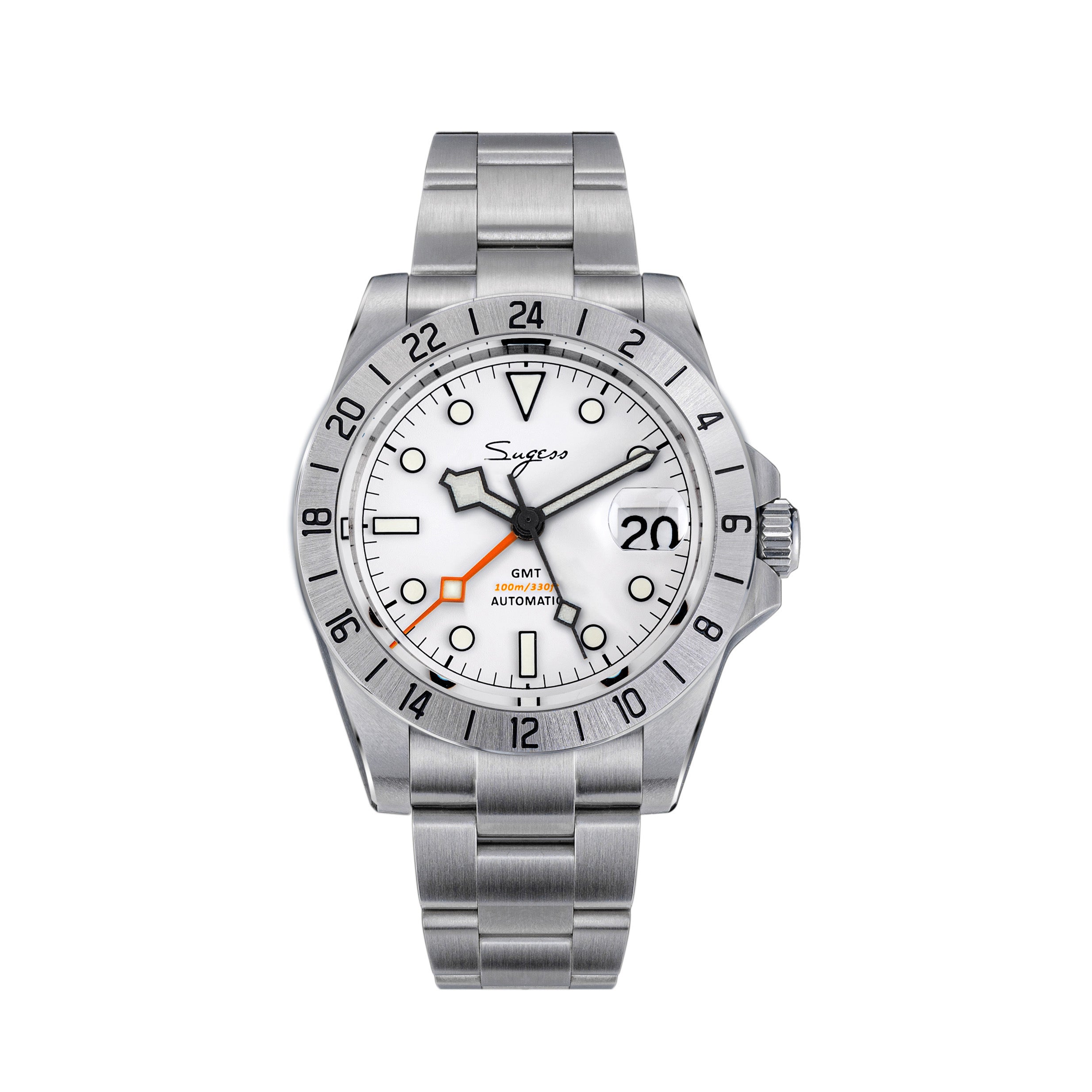 Sugess S463 white-dial GMT automatic watch on steel oyster bracelet, front studio view, date window at 3