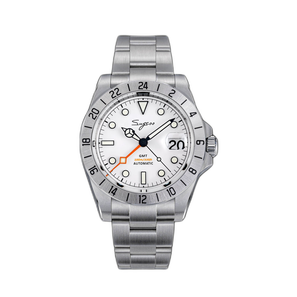 Sugess S463 white-dial GMT automatic watch, steel oyster bracelet, centred front view on white