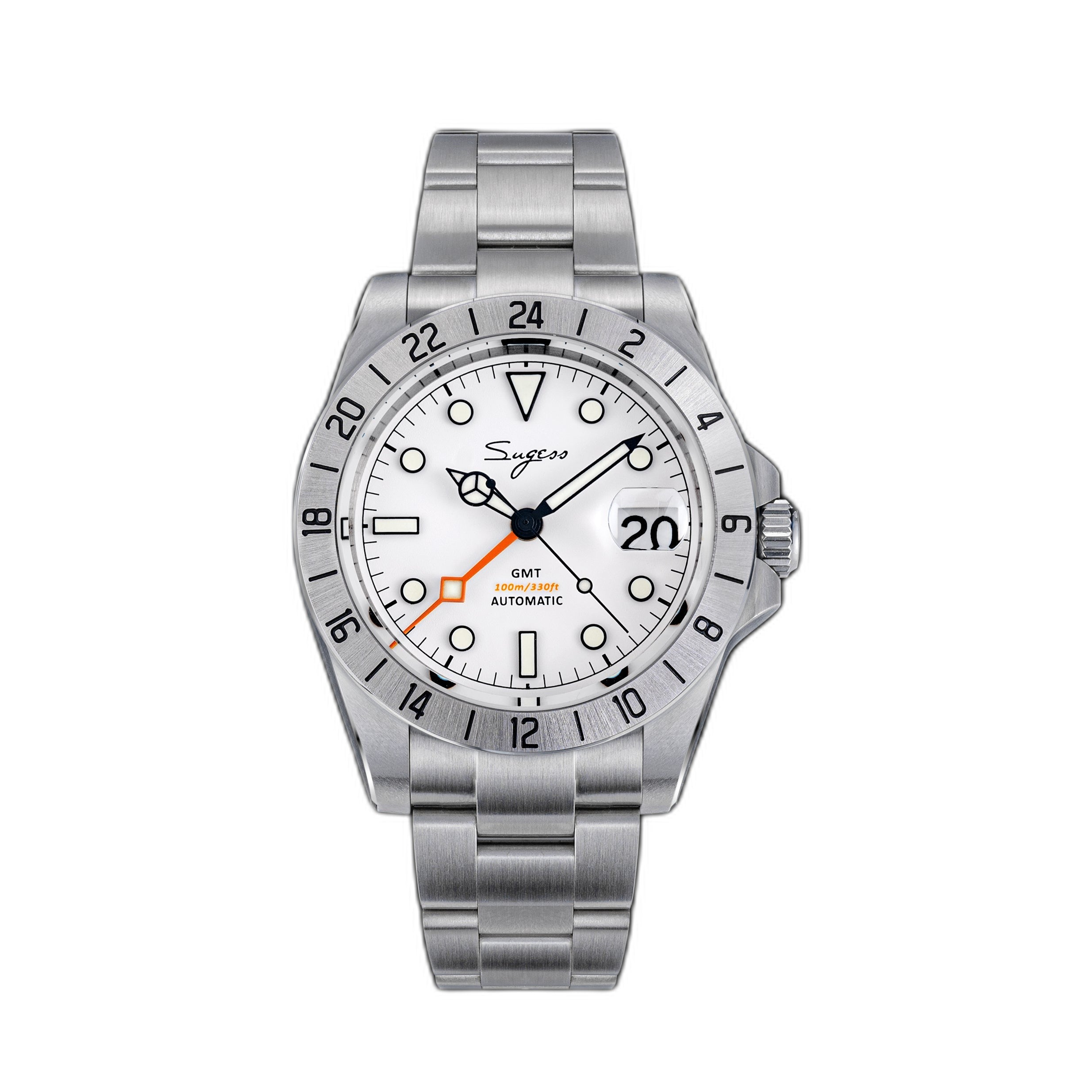 Sugess S463 white-dial GMT automatic watch, steel oyster bracelet, centred front view on white