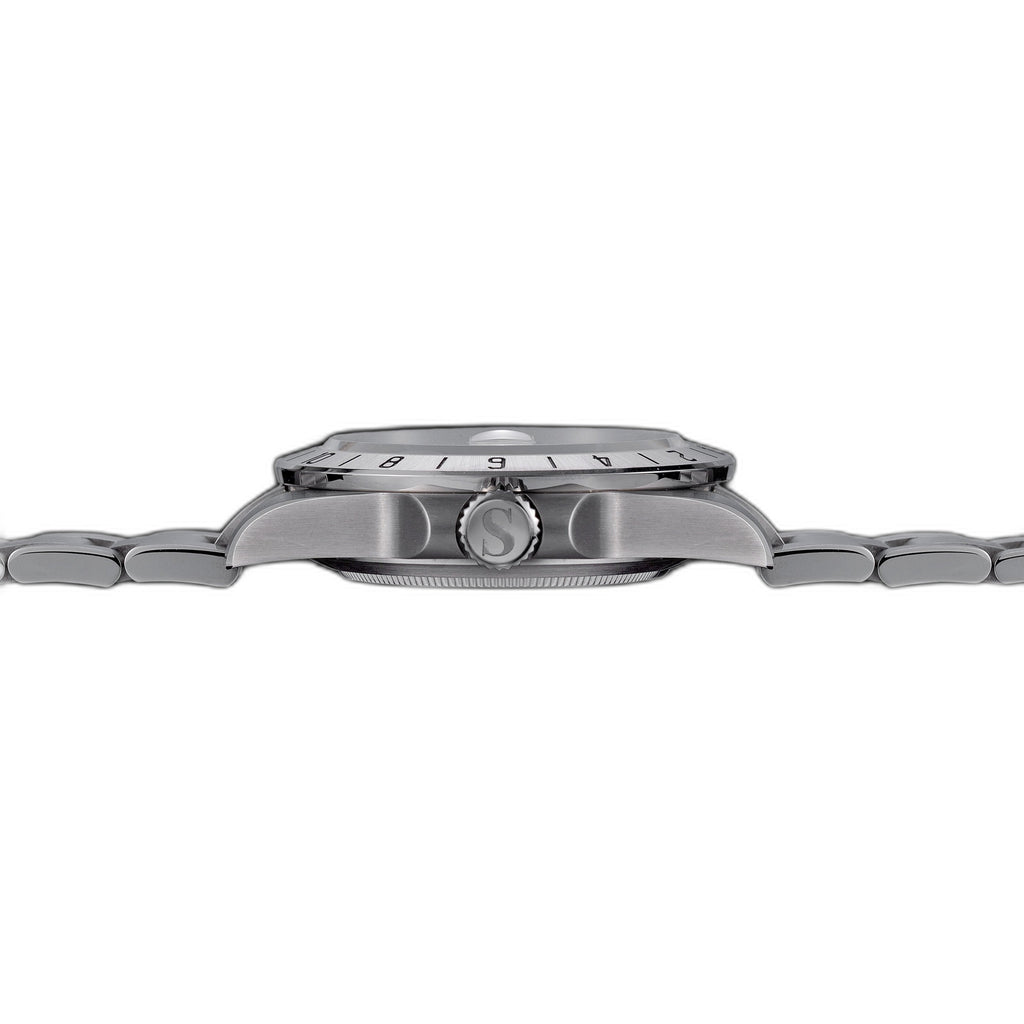 Sugess S463 white-dial GMT automatic watch, steel oyster bracelet, straight front studio view, date at 3