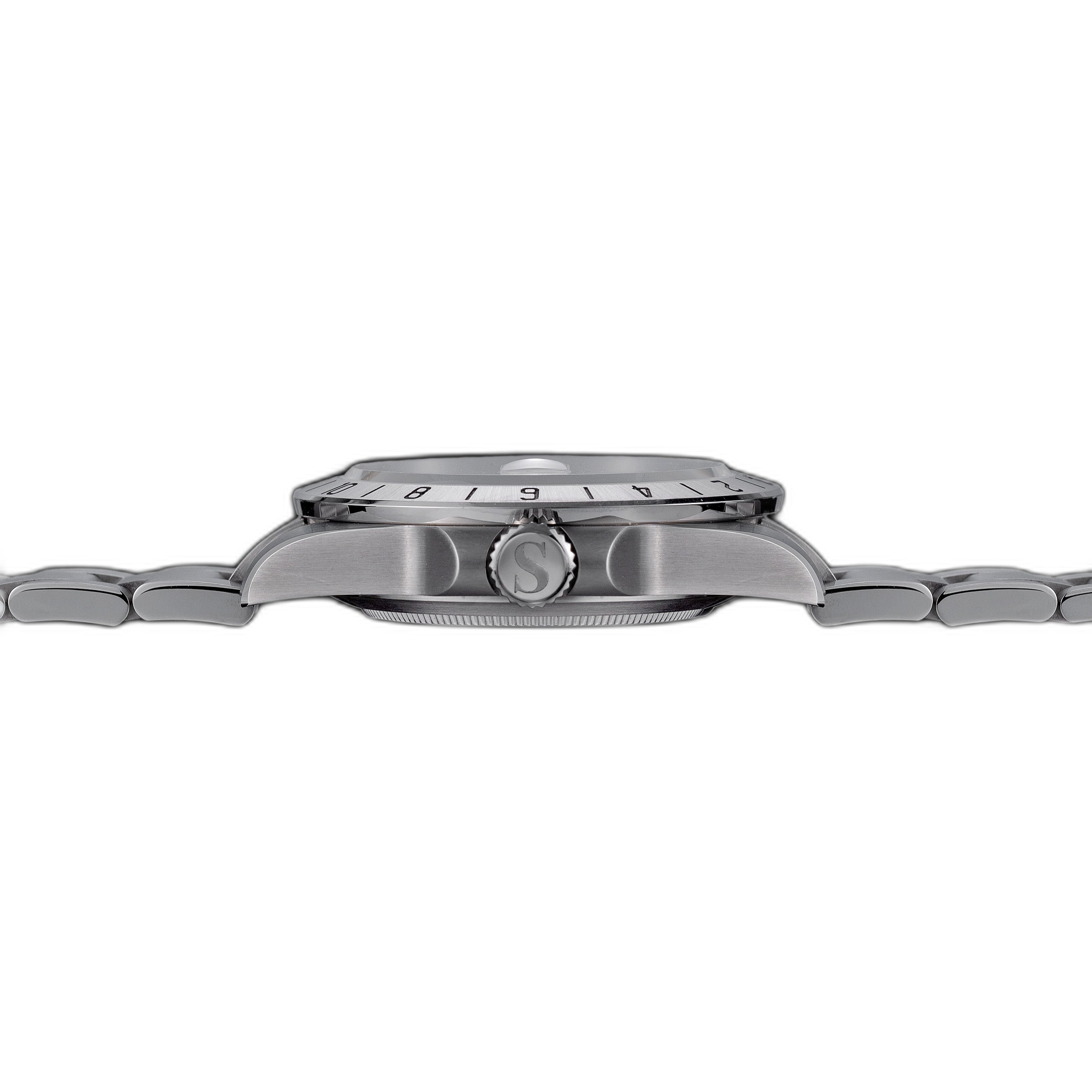 Sugess S463 white-dial GMT automatic watch, steel oyster bracelet, straight front studio view, date at 3