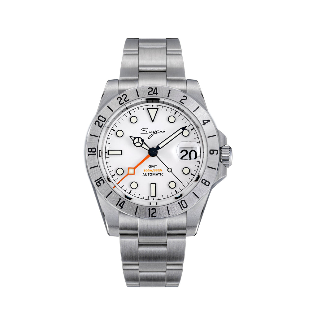 Sugess S463 white-dial automatic GMT watch, orange 24-hour hand, steel oyster bracelet, front view