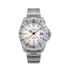 Sugess S463 white-dial automatic GMT watch, orange 24-hour hand, steel oyster bracelet, front view
