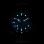 Sugess S463 dial glowing blue-green lume in the dark, luminous markers, hands and 24-hour triangle aglow