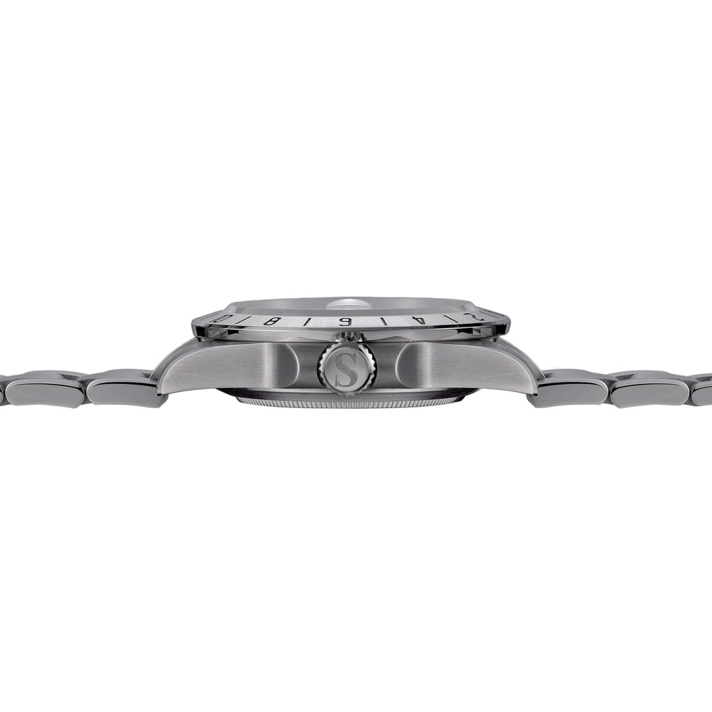 Sugess S463 white-dial GMT automatic watch, side profile with S crown and engraved 24-hour bezel, on white