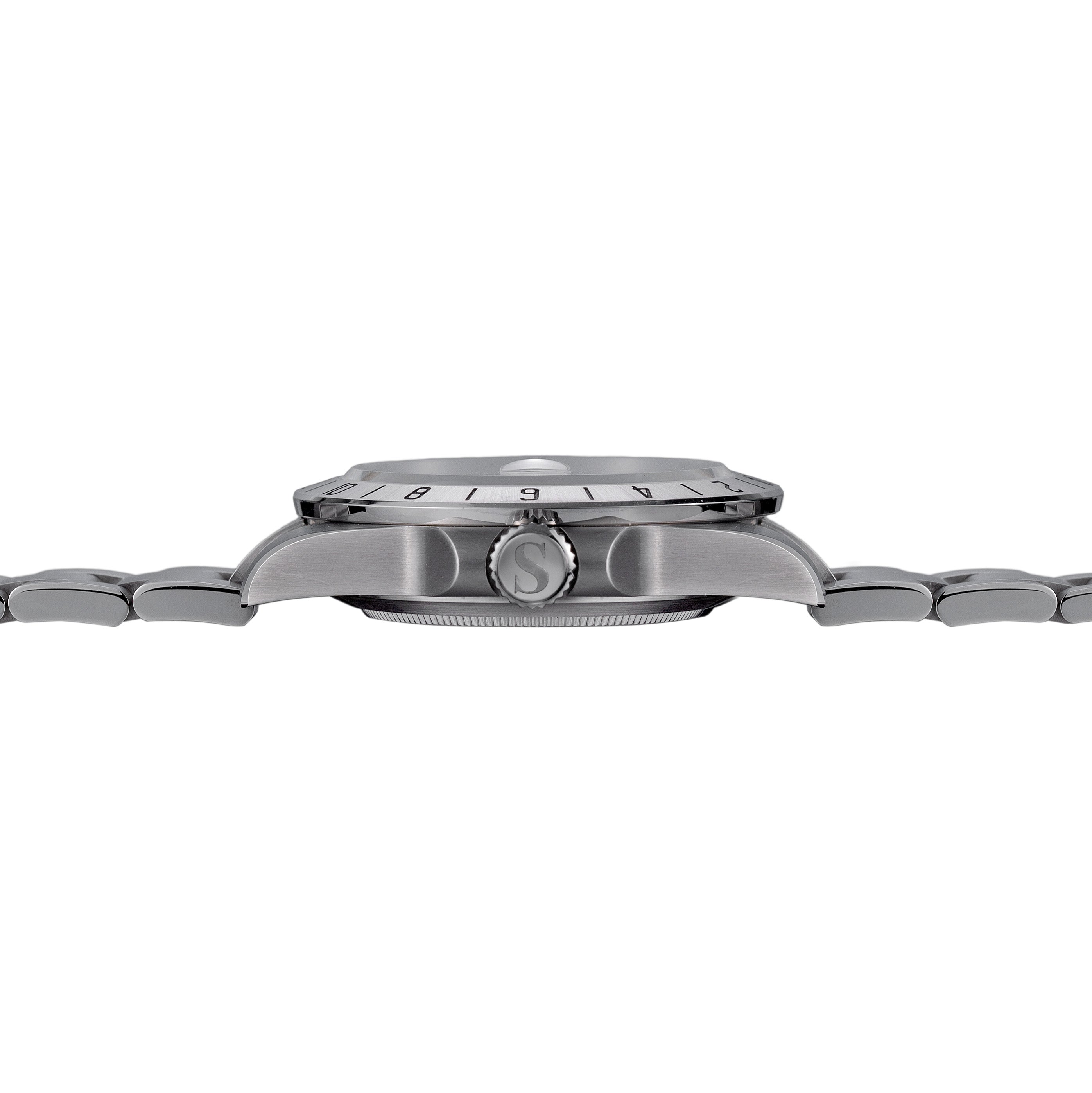 Sugess S463 white-dial GMT automatic watch, side profile with S crown and engraved 24-hour bezel, on white