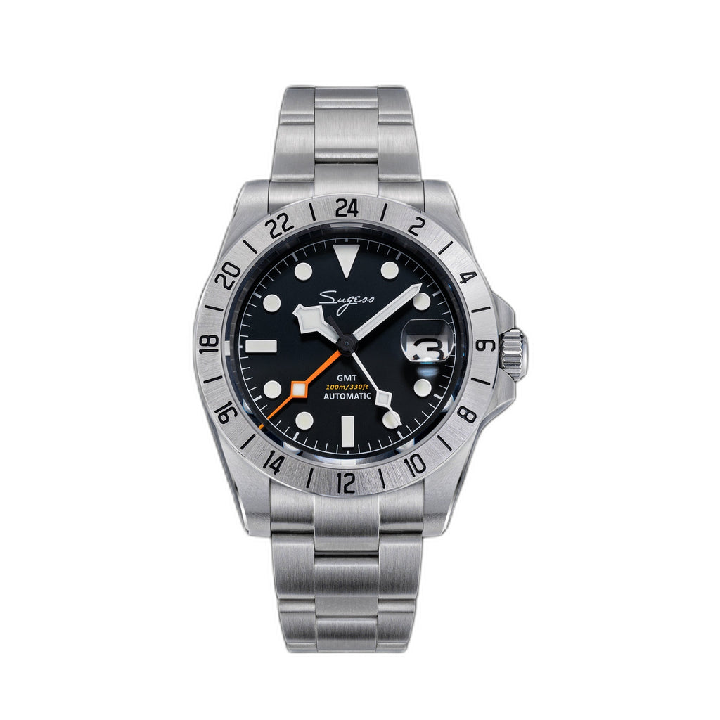 Sugess S463 white-dial GMT automatic watch, side profile showing case and bracelet taper, on white