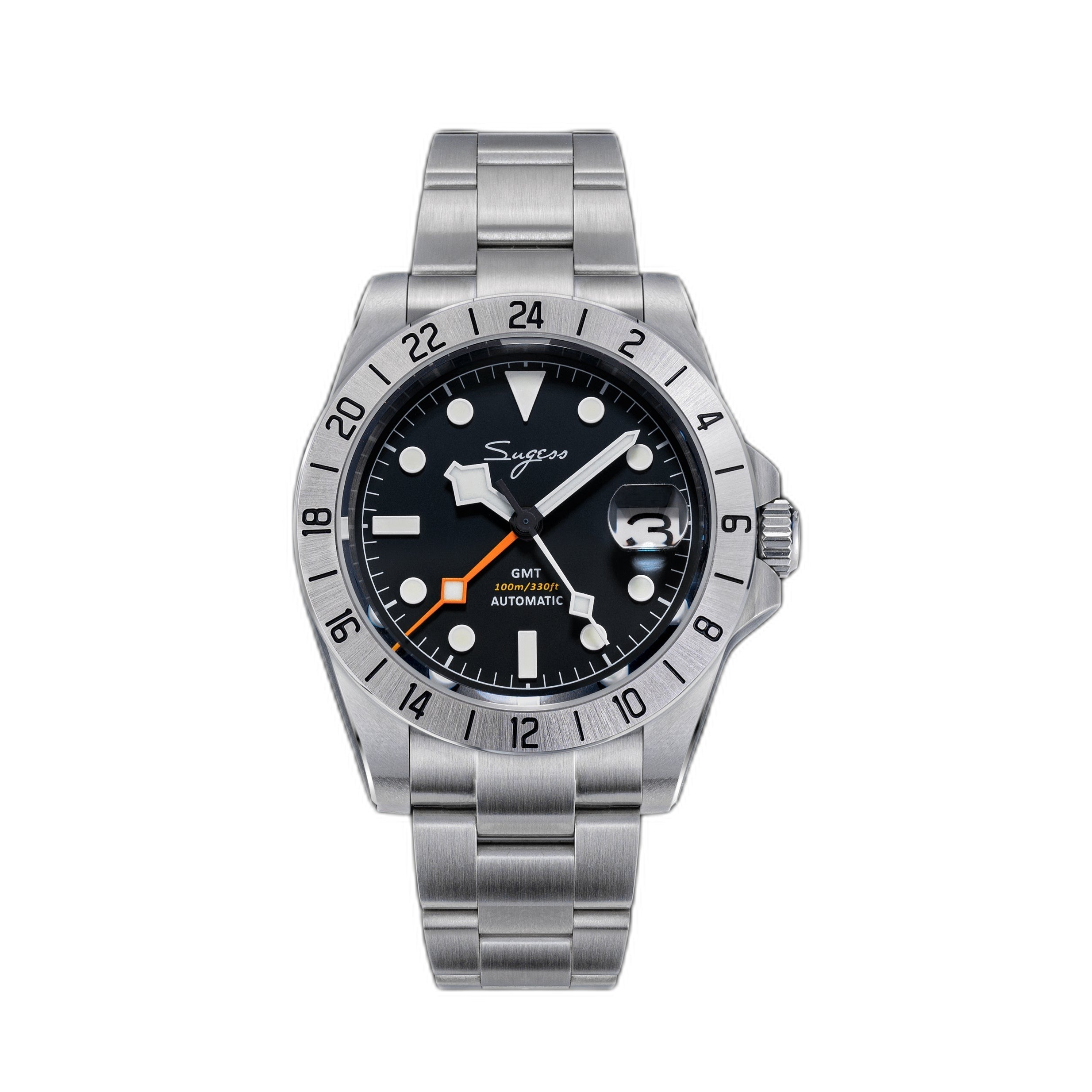 Sugess S463 white-dial GMT automatic watch, side profile showing case and bracelet taper, on white
