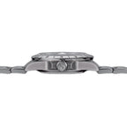 Sugess S463 GMT watch side profile, engraved crown and 24-hour bezel edge, steel bracelet, on black