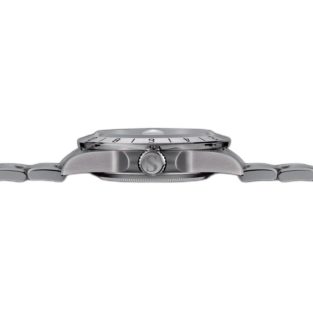 Sugess S463 GMT watch side profile, engraved crown and 24-hour bezel edge, steel bracelet, on black