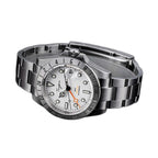 Sugess S463 GMT white dial watch, steel bracelet, low three-quarter angle on black