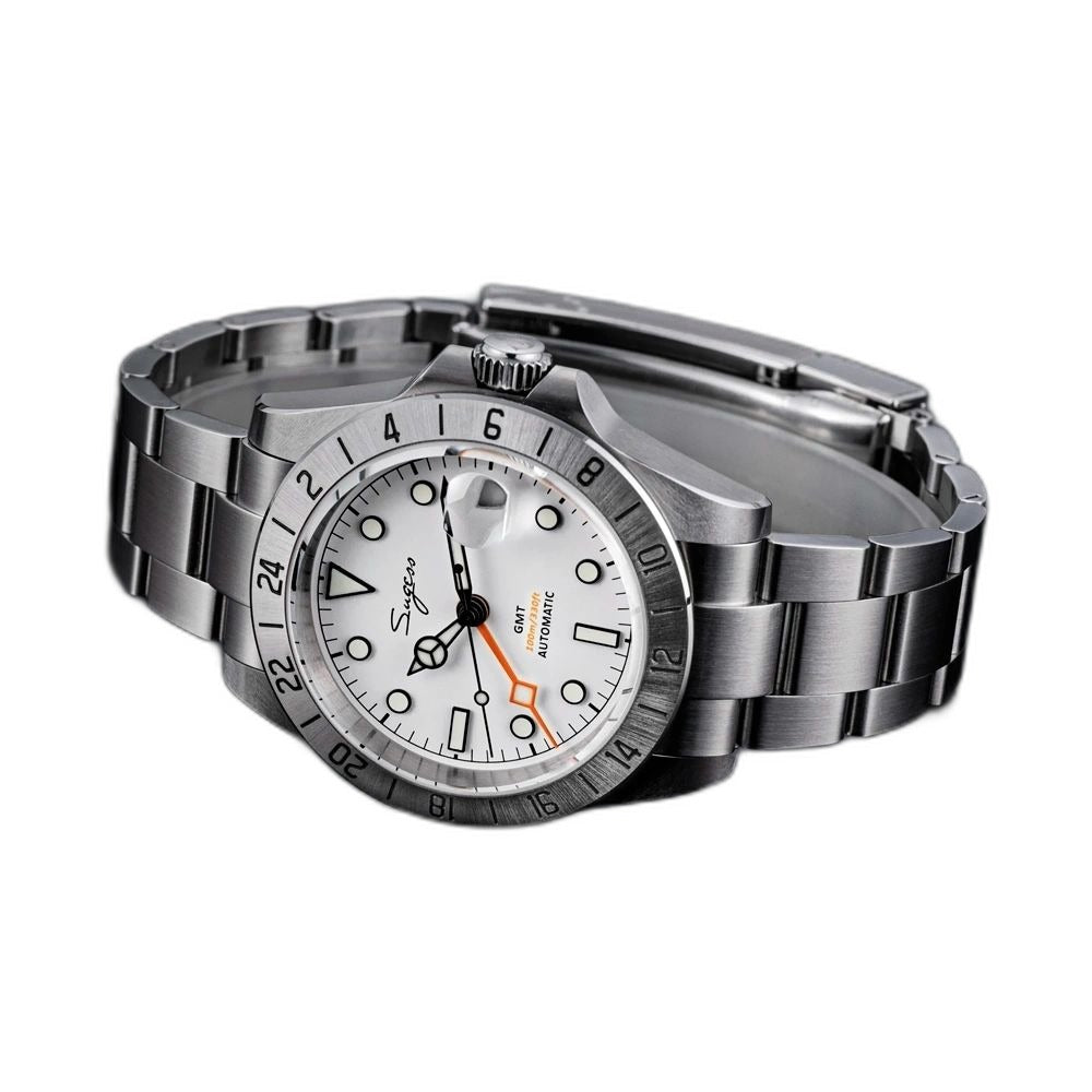 Sugess S463 GMT white dial watch, steel bracelet, low three-quarter angle on black