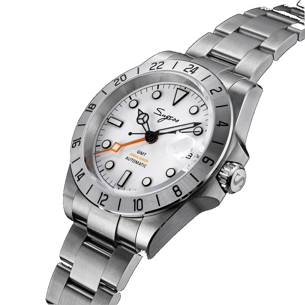 Sugess S463 GMT white dial watch, top-down angled view showing the date cyclops, steel bracelet, on black