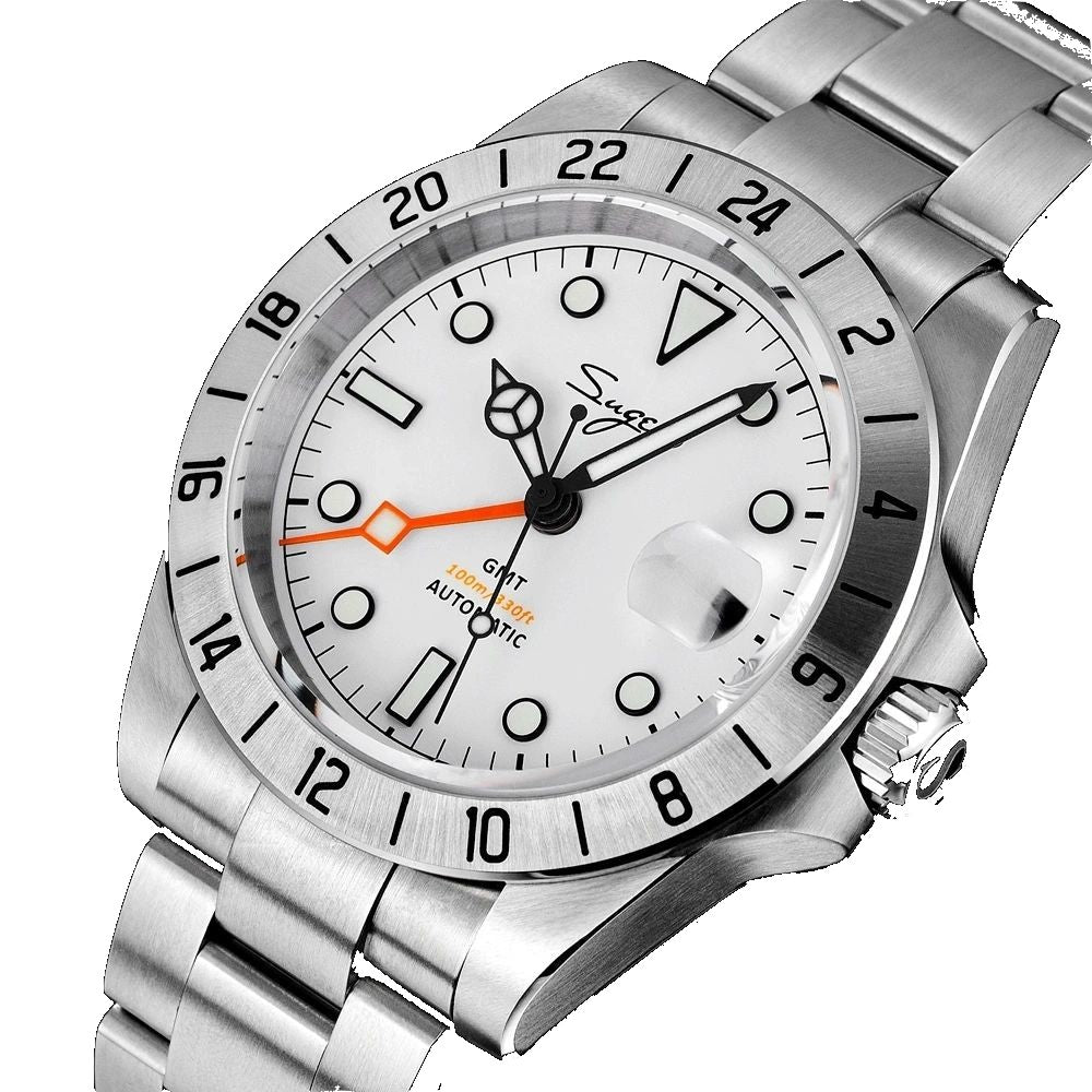 Sugess S463 GMT white dial watch, orange GMT hand, steel bracelet, angled product view on black