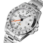 Sugess S463 GMT white dial watch, orange GMT hand, steel bracelet, angled product view on black