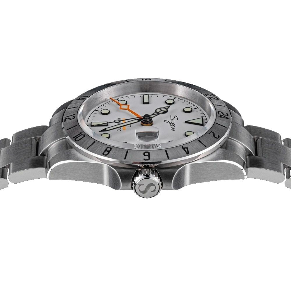 Sugess S463 GMT white dial watch, steel bracelet, dynamic low angled view on black