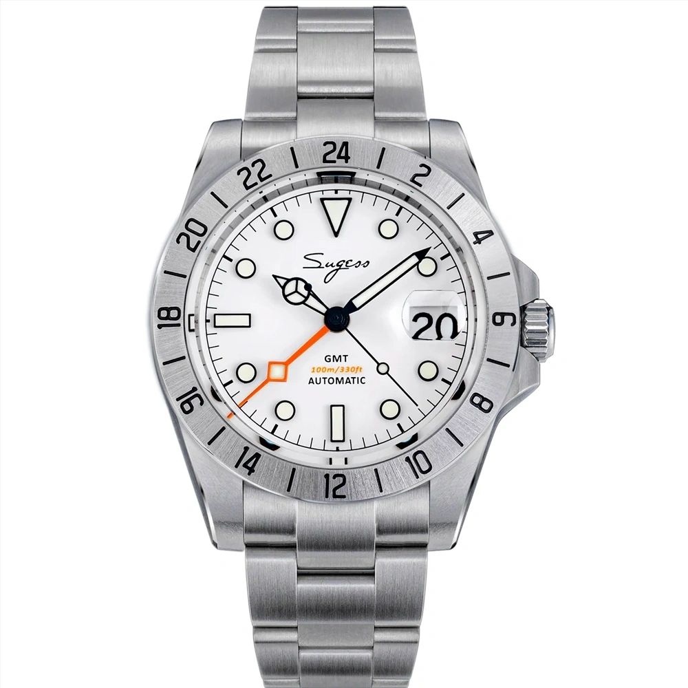 Sugess S463 automatic GMT watch, white dial with Mercedes hands, orange GMT hand, steel bracelet, front view