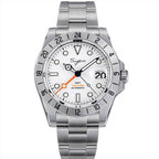 Sugess S463 automatic GMT watch, white dial with Mercedes hands, orange GMT hand, steel bracelet, front view