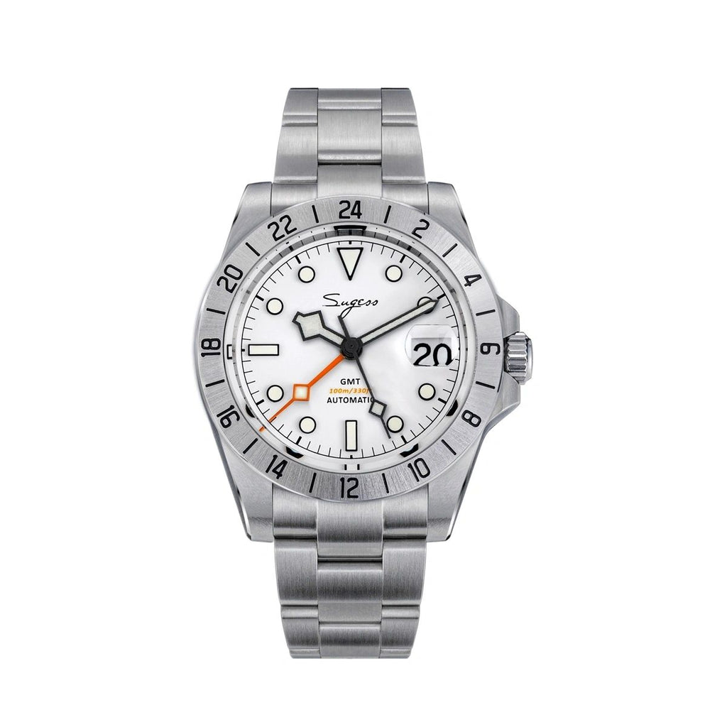 Sugess S463 automatic GMT watch, white dial with straight sword hands, orange GMT hand, steel bracelet, front