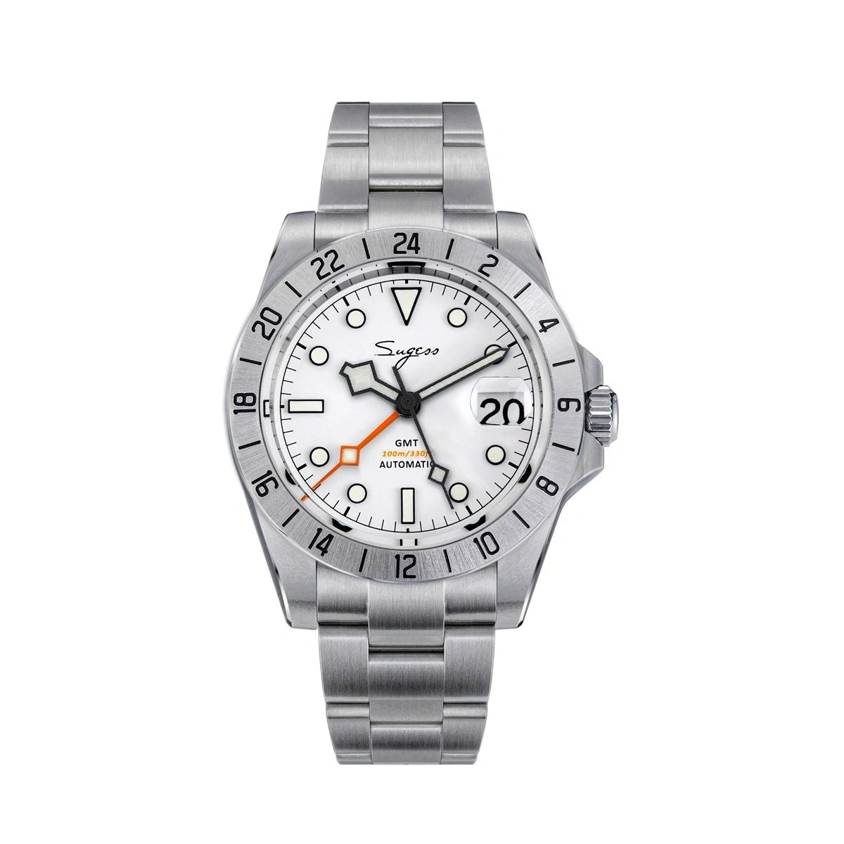 Sugess S463 automatic GMT watch, white dial with straight sword hands, orange GMT hand, steel bracelet, front