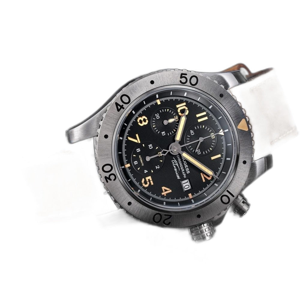 Sugess S464 titanium chronograph black dial, brown leather strap, three-quarter angled view on black