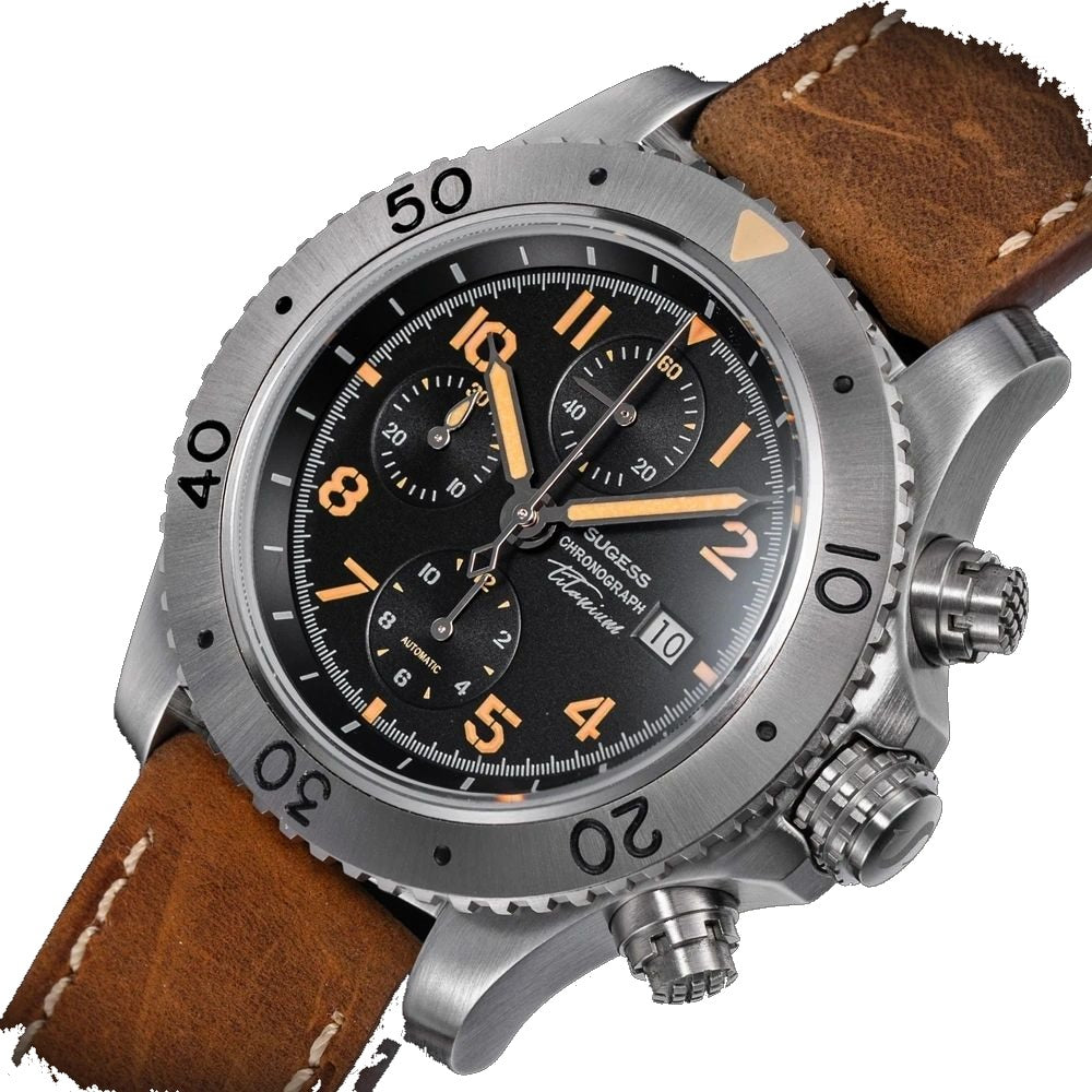 Sugess S464 titanium chronograph black dial with beige numerals, brown leather strap, three-quarter angle on black
