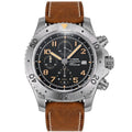 Sugess S464 titanium automatic chronograph, black dial, three sub-dials, countdown bezel, brown leather strap, front