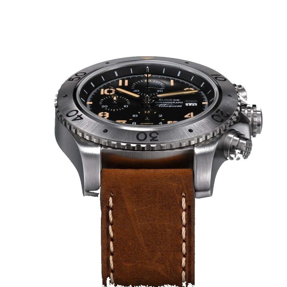 Sugess S464 titanium chronograph black dial side profile, chronograph pushers and crown, brown leather strap, on black