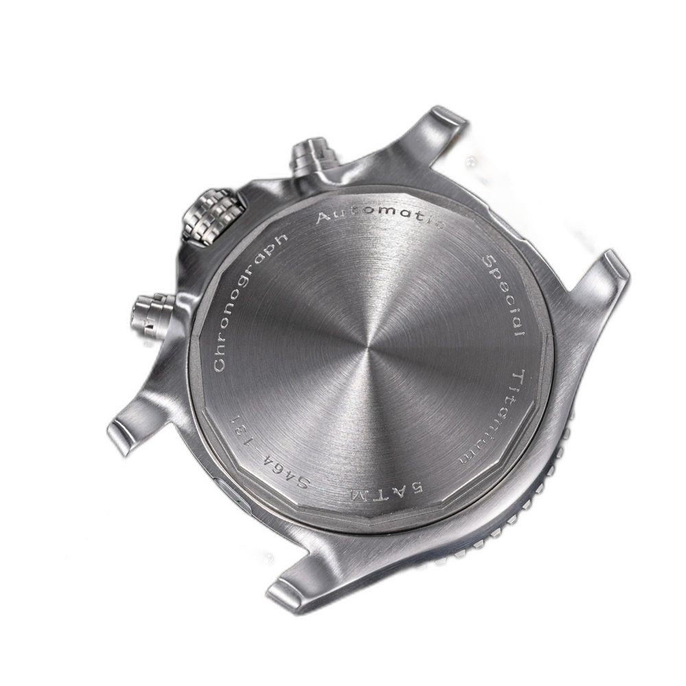 Sugess S464 chronograph brushed titanium screw-down caseback engraved Special Titanium 5ATM S464-131, dark strap