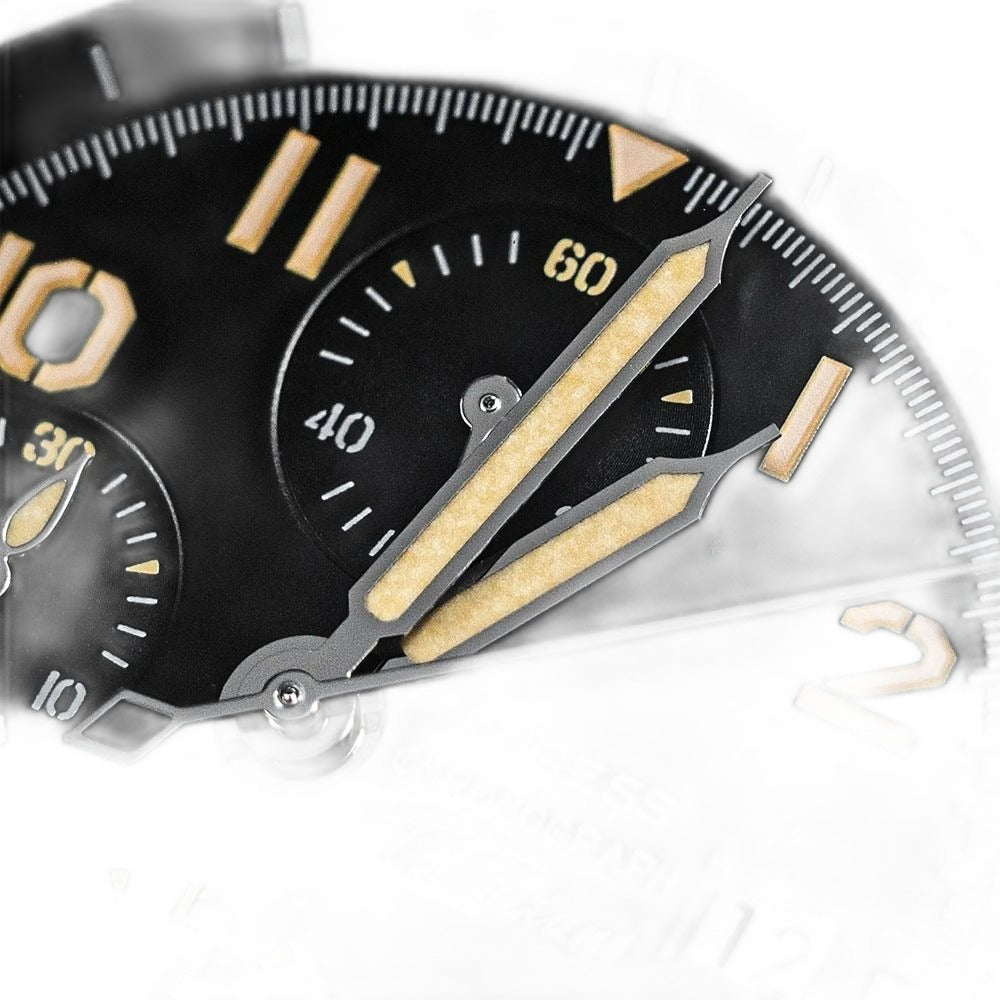 Sugess S464 chronograph dial macro, luminous syringe hands, SUGESS CHRONOGRAPH Titanium signature and date