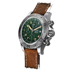Sugess S464 titanium chronograph green dial, S-engraved crown, brown leather strap, angled view on black