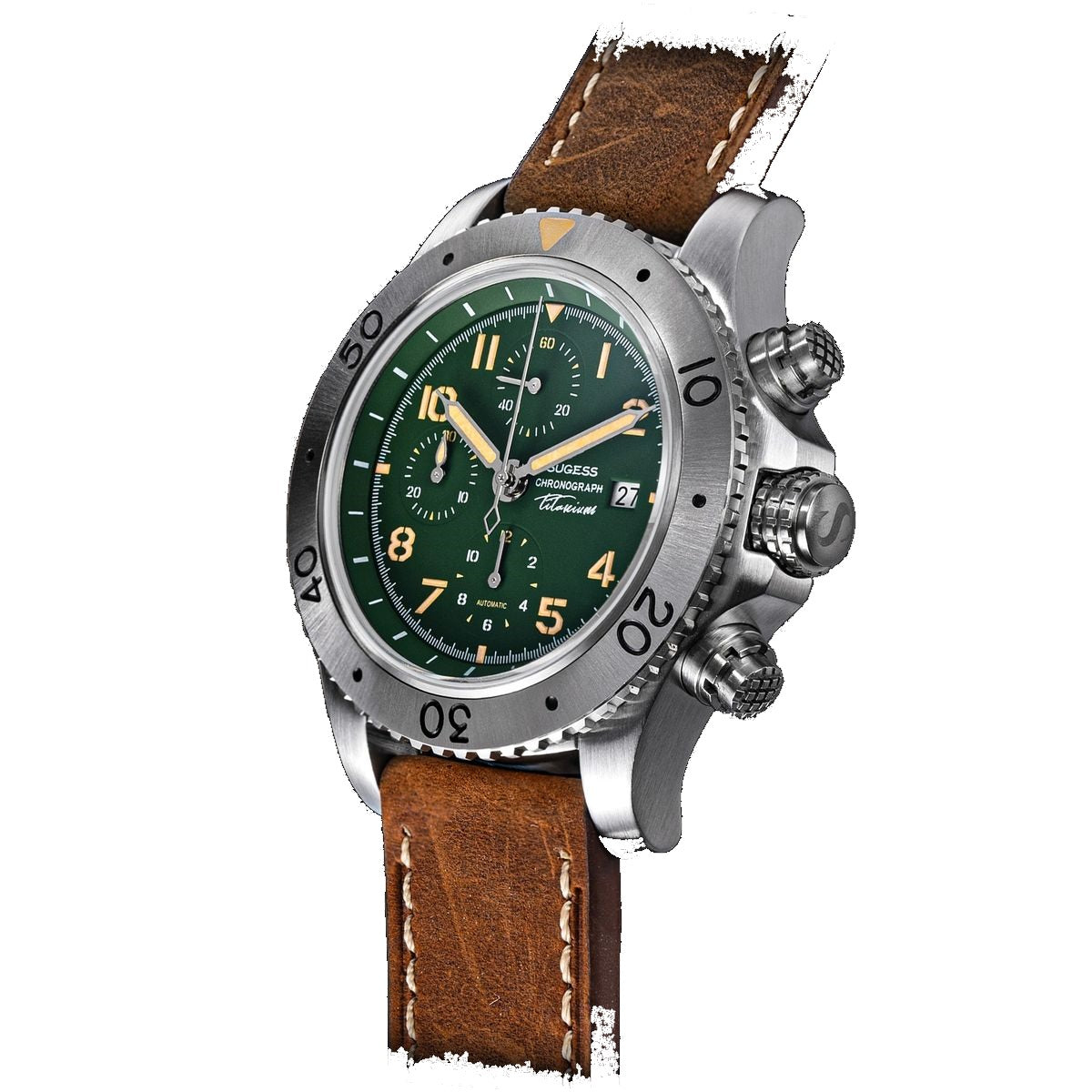 Sugess S464 titanium chronograph green dial, S-engraved crown, brown leather strap, angled view on black