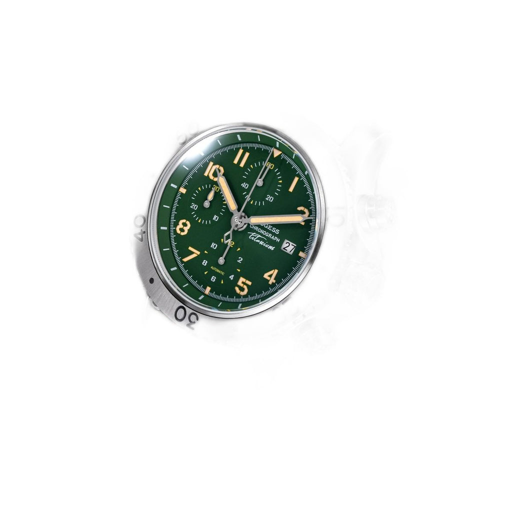 Sugess S464 titanium chronograph green dial, brown leather strap, front three-quarter view on black