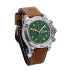 Sugess S464 titanium chronograph green dial, brown leather strap, angled product view on black